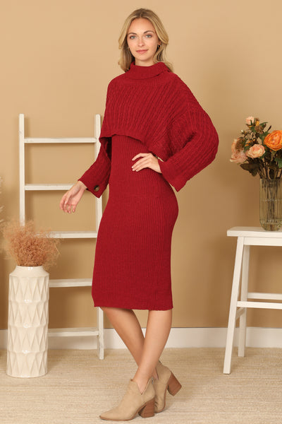 RIBBED SLEEVE SHAWL N SWEATER DRESS SET 2-2-2