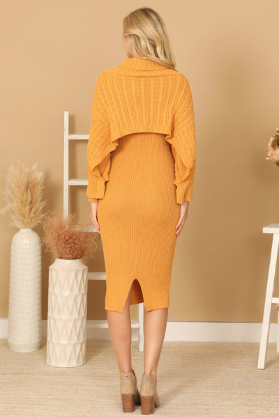 RIBBED SLEEVE SHAWL N SWEATER DRESS SET 2-2-2