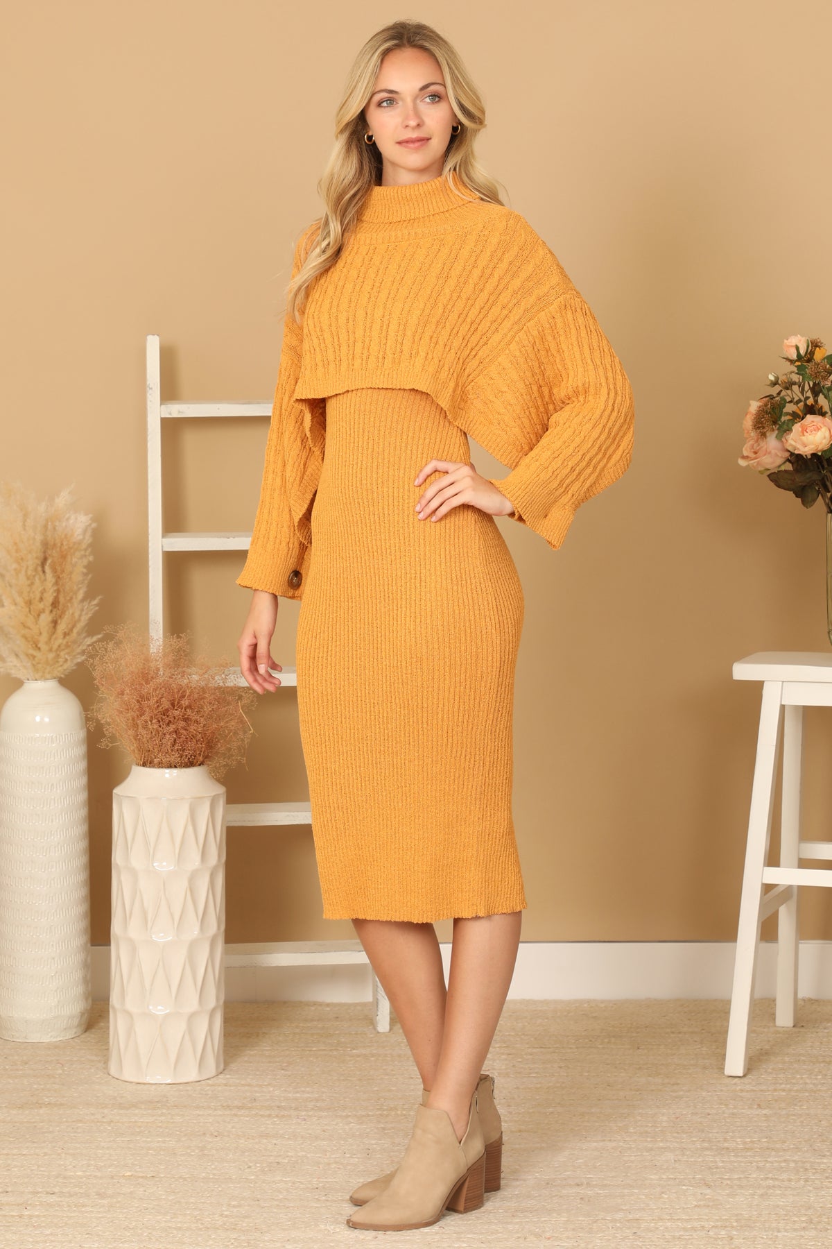 RIBBED SLEEVE SHAWL N SWEATER DRESS SET 2-2-2