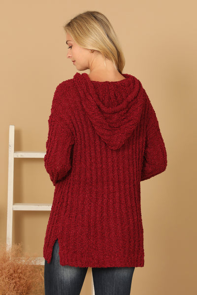 PLUS SIZE RIBBED POPCORN KNIT TUNIC HOODIE SWEATER 3-3