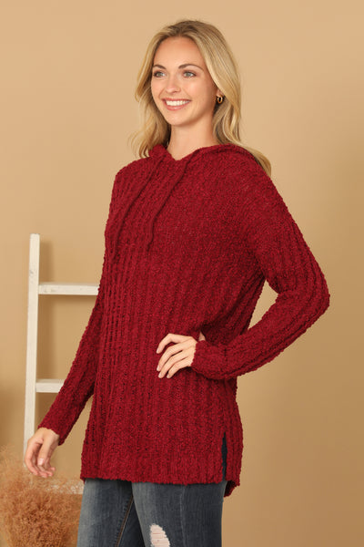 PLUS SIZE RIBBED POPCORN KNIT TUNIC HOODIE SWEATER 3-3