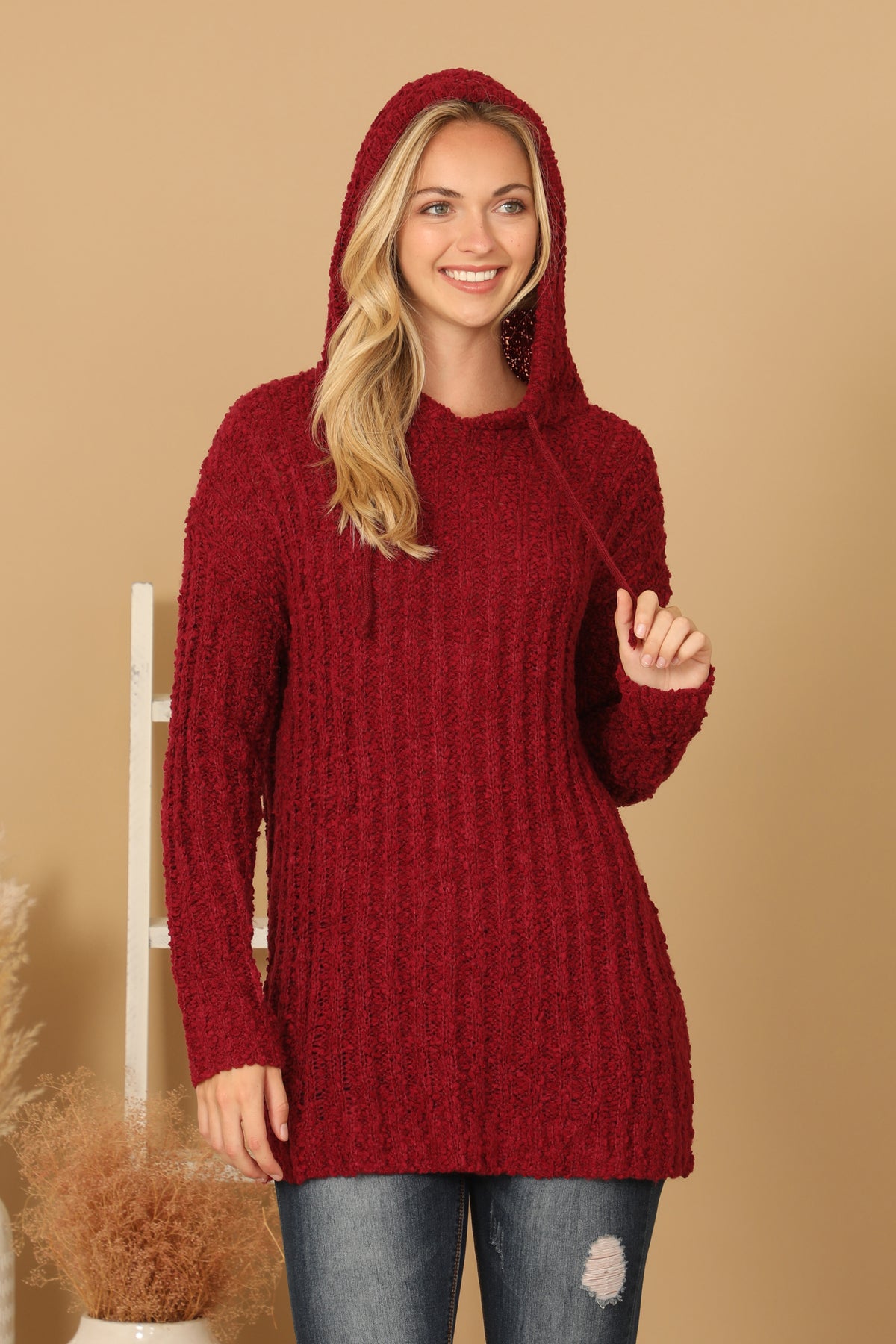 PLUS SIZE RIBBED POPCORN KNIT TUNIC HOODIE SWEATER 3-3