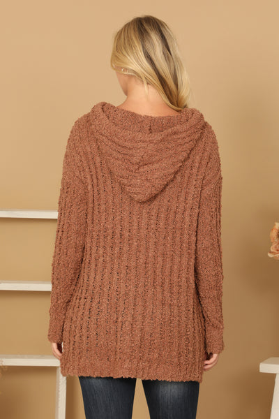 PLUS SIZE RIBBED POPCORN KNIT TUNIC HOODIE SWEATER 3-3