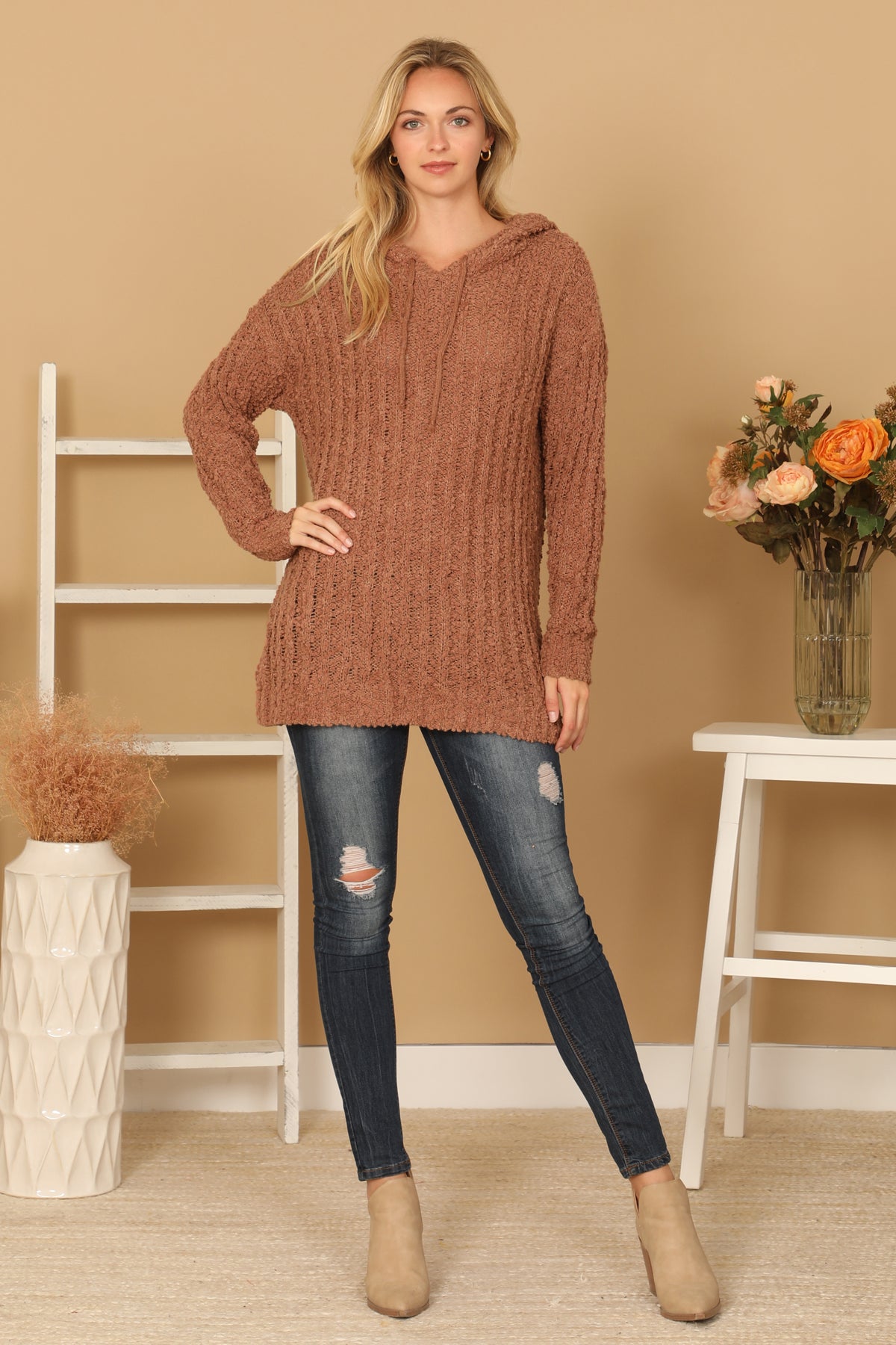 CAMEL PLUS SIZE RIBBED POPCORN KNIT TUNIC HOODIE SWEATER 3-3