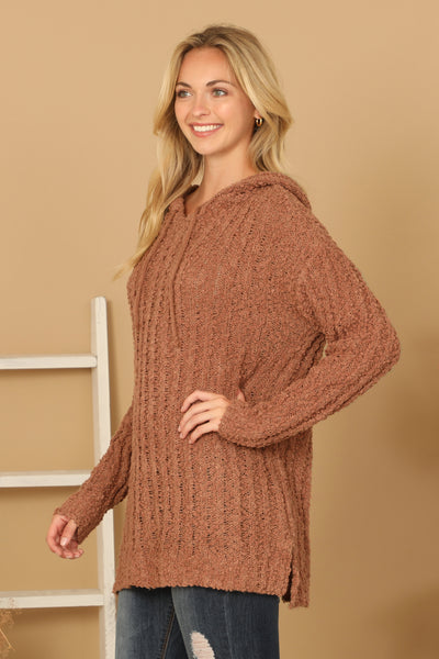 CAMEL PLUS SIZE RIBBED POPCORN KNIT TUNIC HOODIE SWEATER 3-3