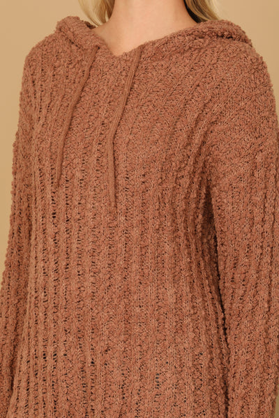 CAMEL PLUS SIZE RIBBED POPCORN KNIT TUNIC HOODIE SWEATER 3-3