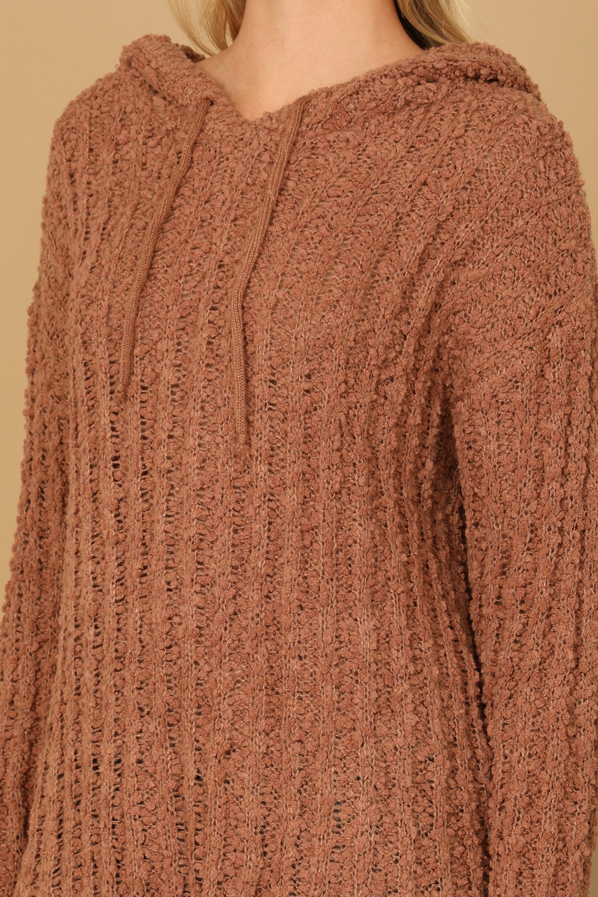 PLUS SIZE RIBBED POPCORN KNIT TUNIC HOODIE SWEATER 3-3