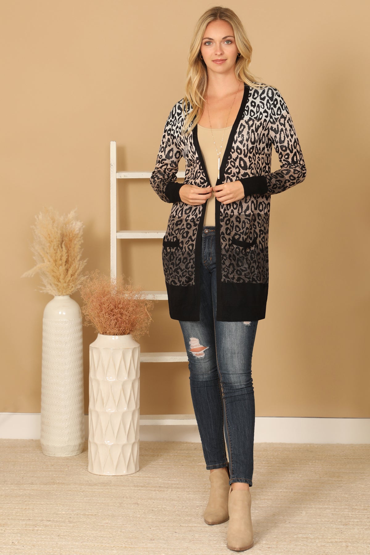 OLIVE LEOPARD COLOR BLOCK LONG SLEEVE OPEN CARDIGAN 3-3