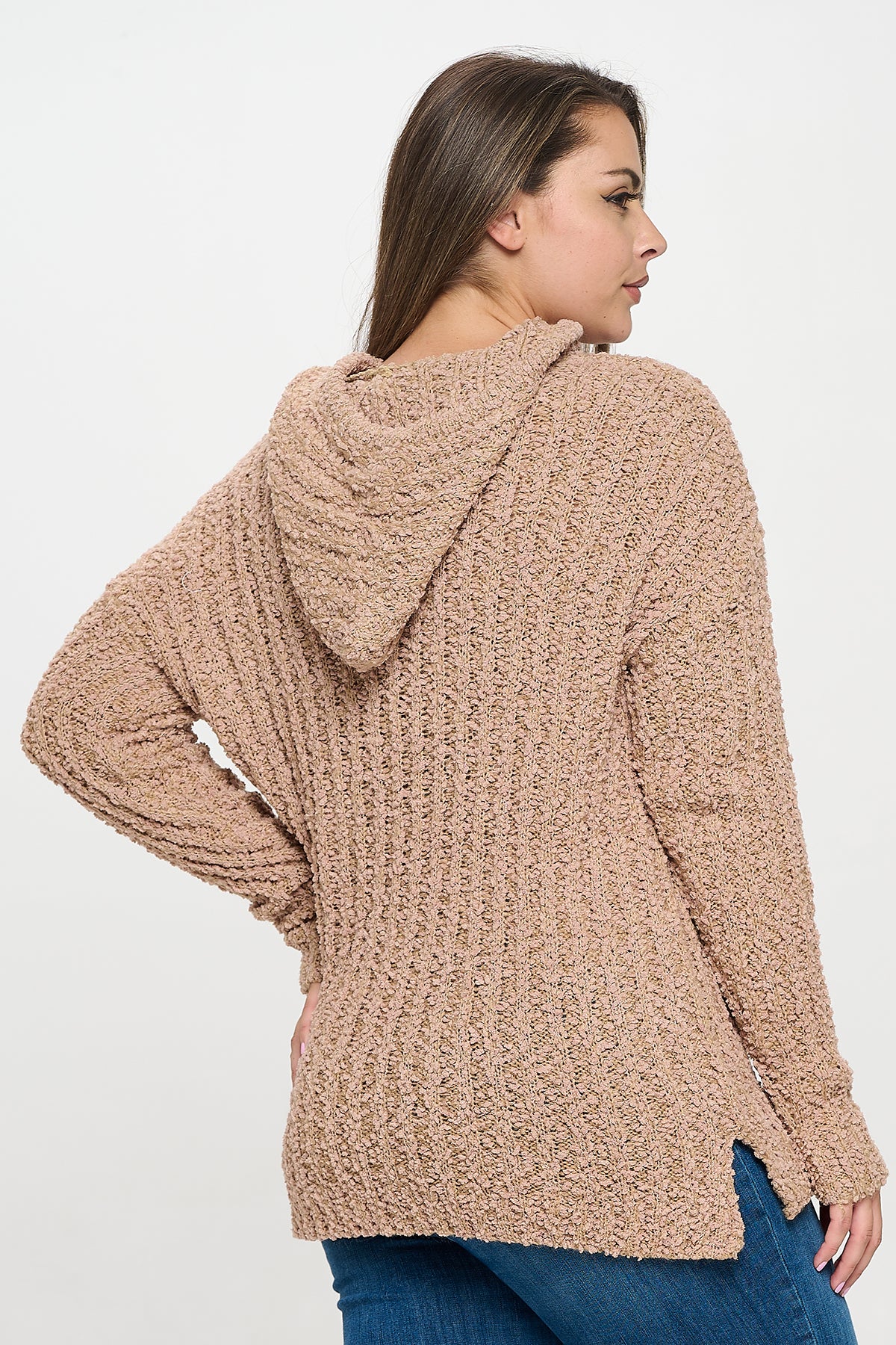 PLUS SIZE RIBBED POPCORN KNIT TUNIC HOODIE SWEATER 3-3