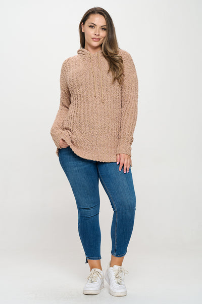 PLUS SIZE RIBBED POPCORN KNIT TUNIC HOODIE SWEATER 3-3