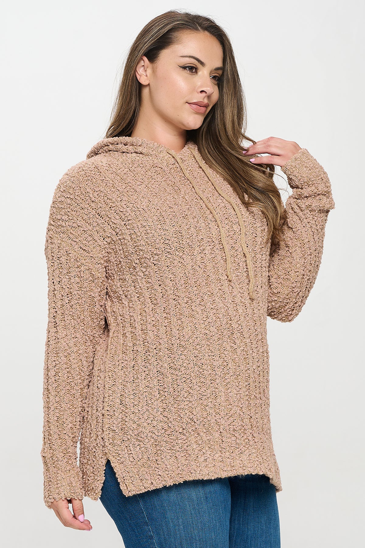 PLUS SIZE RIBBED POPCORN KNIT TUNIC HOODIE SWEATER 3-3