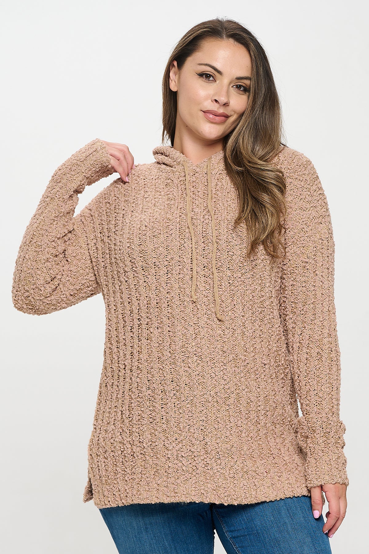 PLUS SIZE RIBBED POPCORN KNIT TUNIC HOODIE SWEATER 3-3