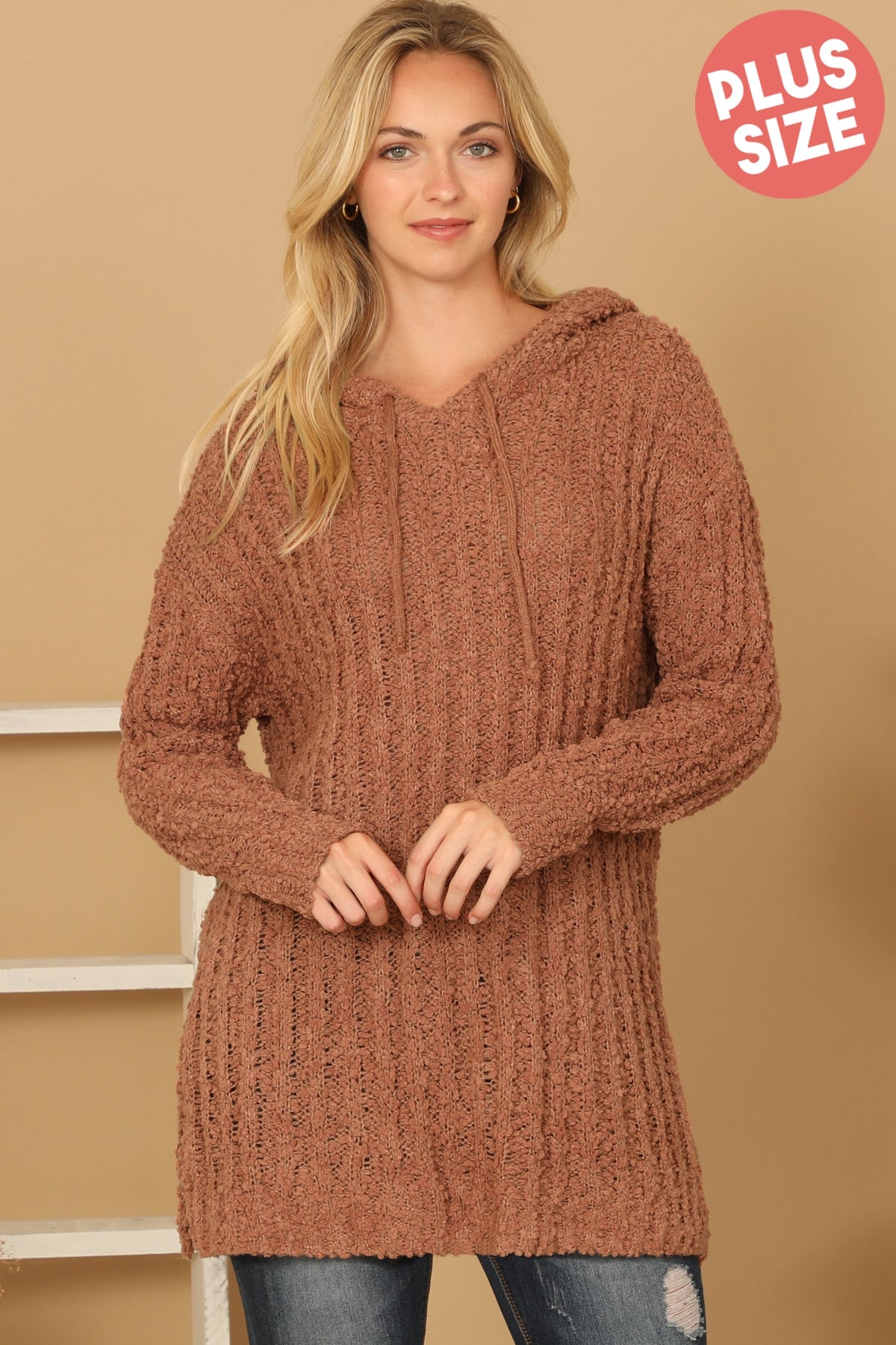 CAMEL PLUS SIZE RIBBED POPCORN KNIT TUNIC HOODIE SWEATER 3-3