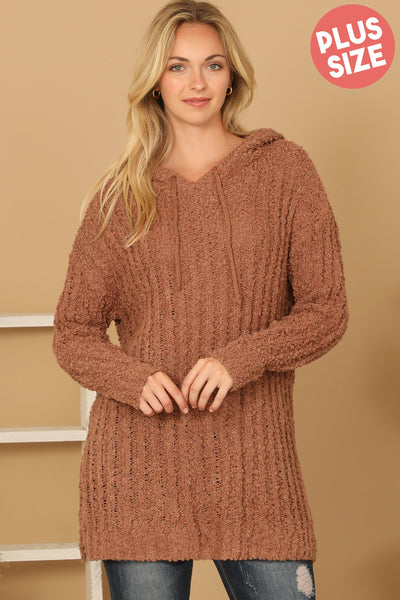 CAMEL PLUS SIZE RIBBED POPCORN KNIT TUNIC HOODIE SWEATER 3-3