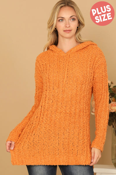 PLUS SIZE RIBBED POPCORN KNIT TUNIC HOODIE SWEATER 3-3