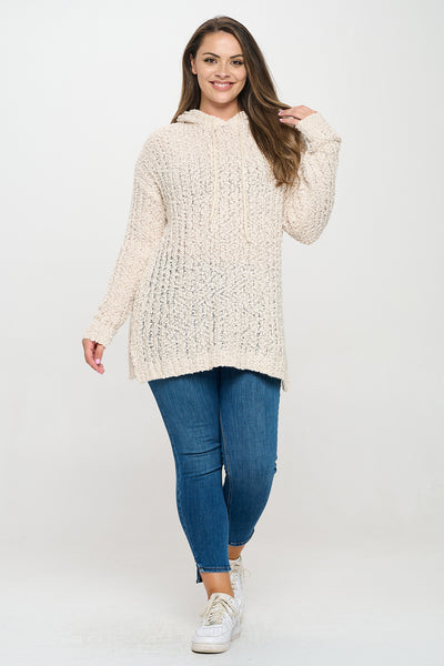 PLUS SIZE RIBBED POPCORN KNIT TUNIC HOODIE SWEATER 3-3