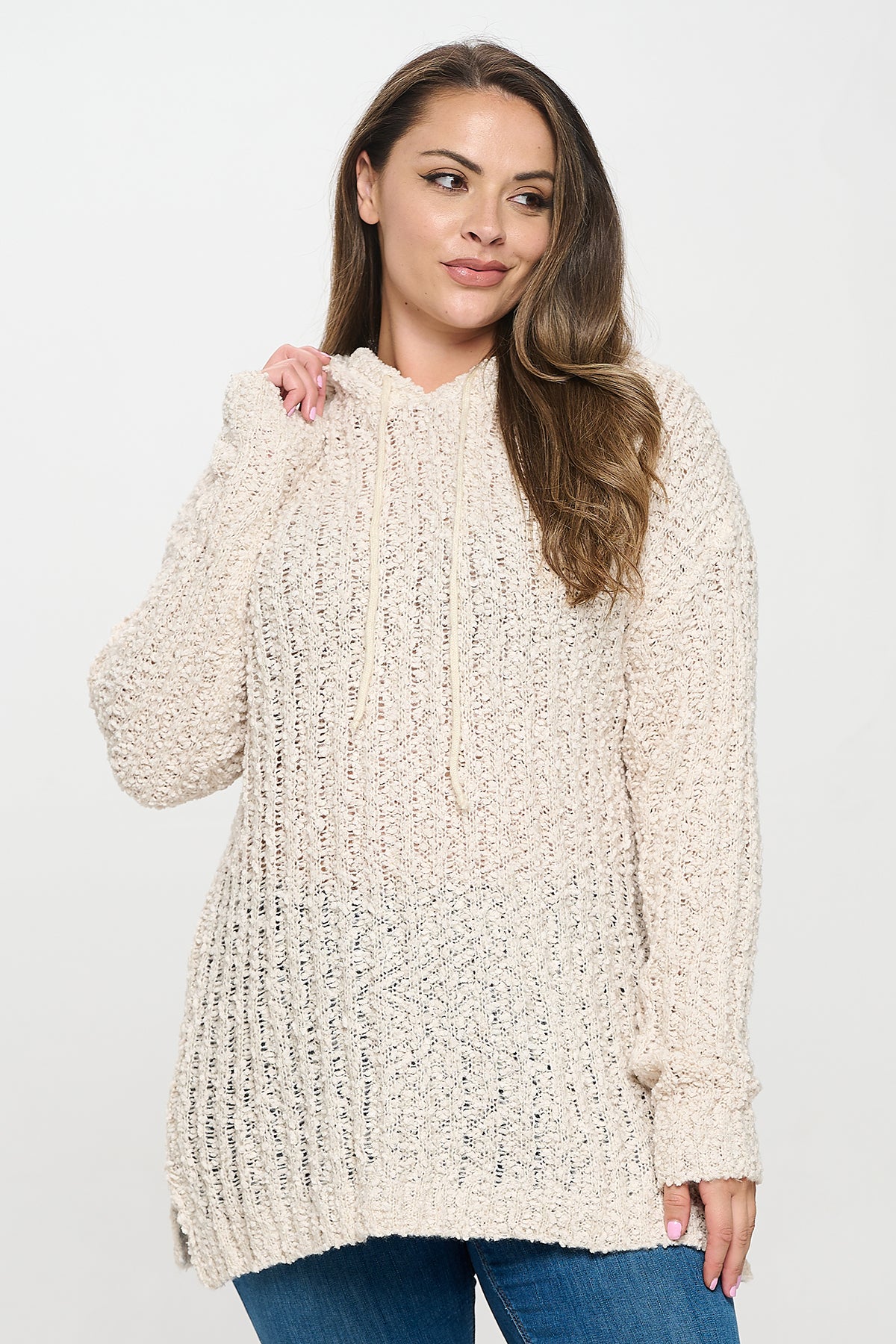 PLUS SIZE RIBBED POPCORN KNIT TUNIC HOODIE SWEATER 3-3