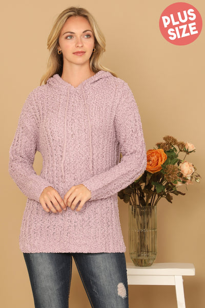 PLUS SIZE RIBBED POPCORN KNIT TUNIC HOODIE SWEATER 3-3