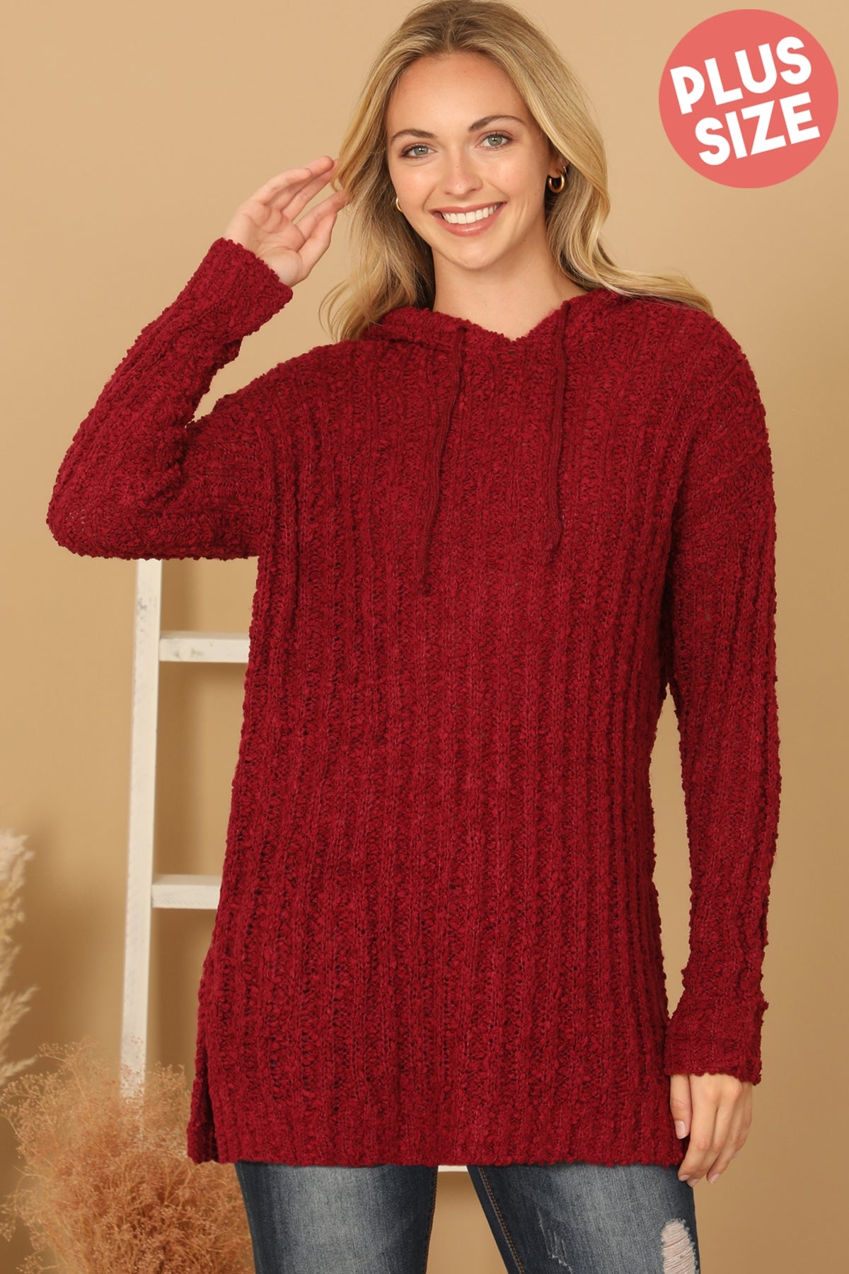 PLUS SIZE RIBBED POPCORN KNIT TUNIC HOODIE SWEATER 3-3