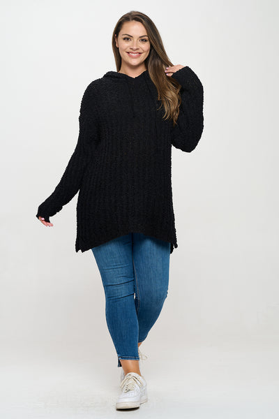 PLUS SIZE RIBBED POPCORN KNIT TUNIC HOODIE SWEATER 3-3