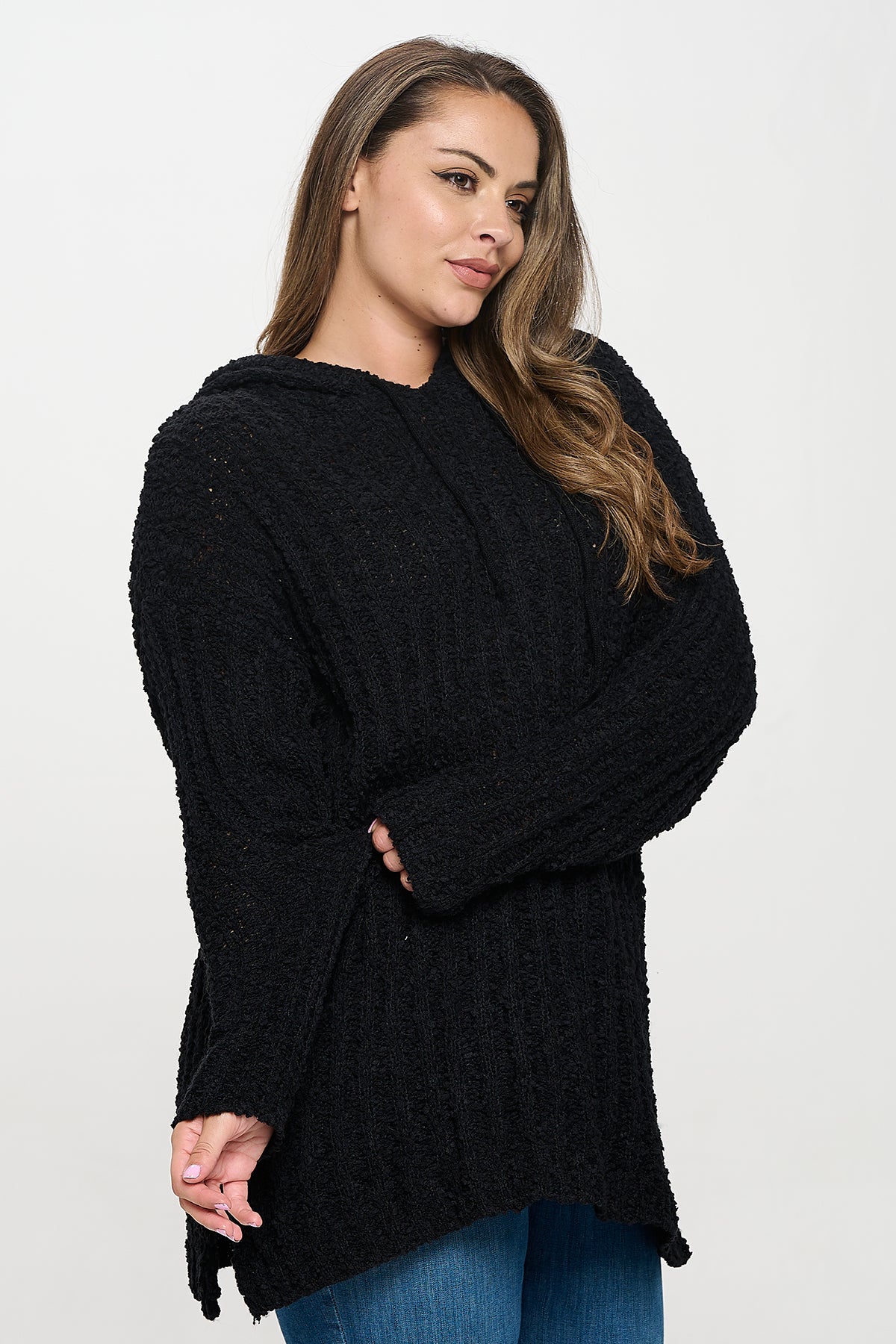 PLUS SIZE RIBBED POPCORN KNIT TUNIC HOODIE SWEATER 3-3