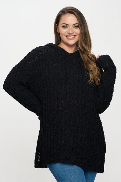 PLUS SIZE RIBBED POPCORN KNIT TUNIC HOODIE SWEATER 3-3