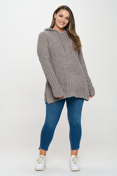 PLUS SIZE RIBBED POPCORN KNIT TUNIC HOODIE SWEATER 3-3