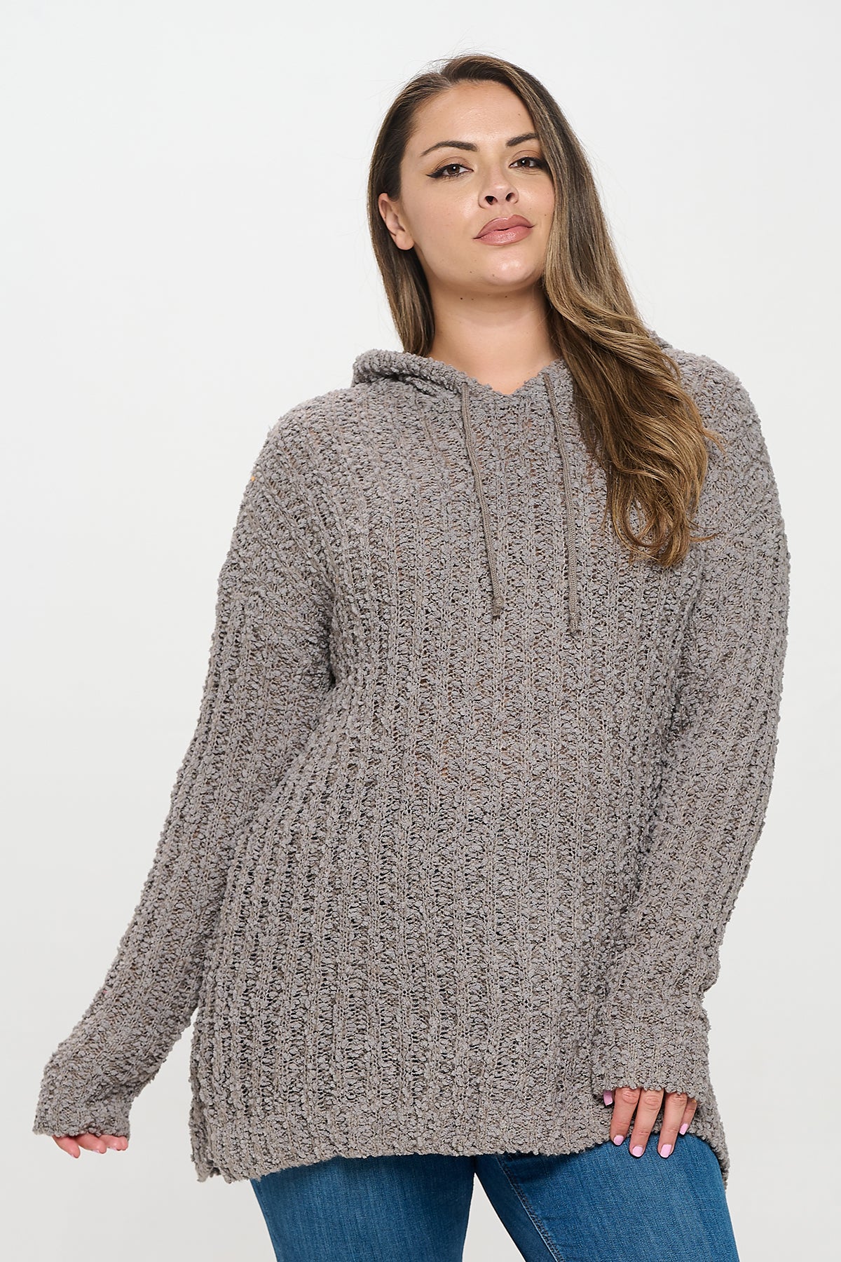 PLUS SIZE RIBBED POPCORN KNIT TUNIC HOODIE SWEATER 3-3