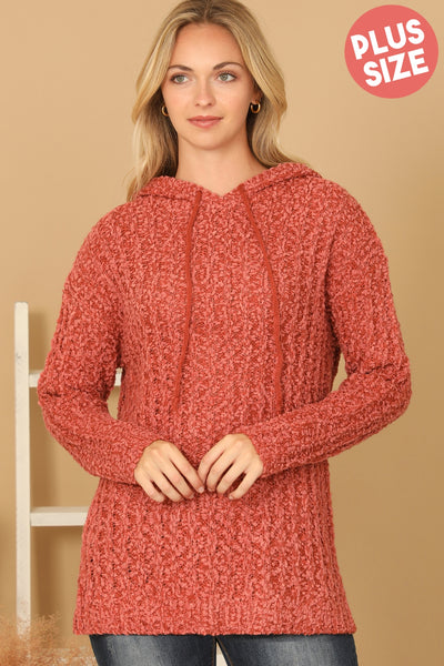 PLUS SIZE RIBBED POPCORN KNIT TUNIC HOODIE SWEATER 3-3