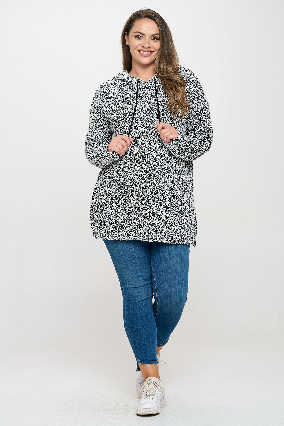 PLUS SIZE RIBBED POPCORN KNIT TUNIC HOODIE SWEATER 3-3