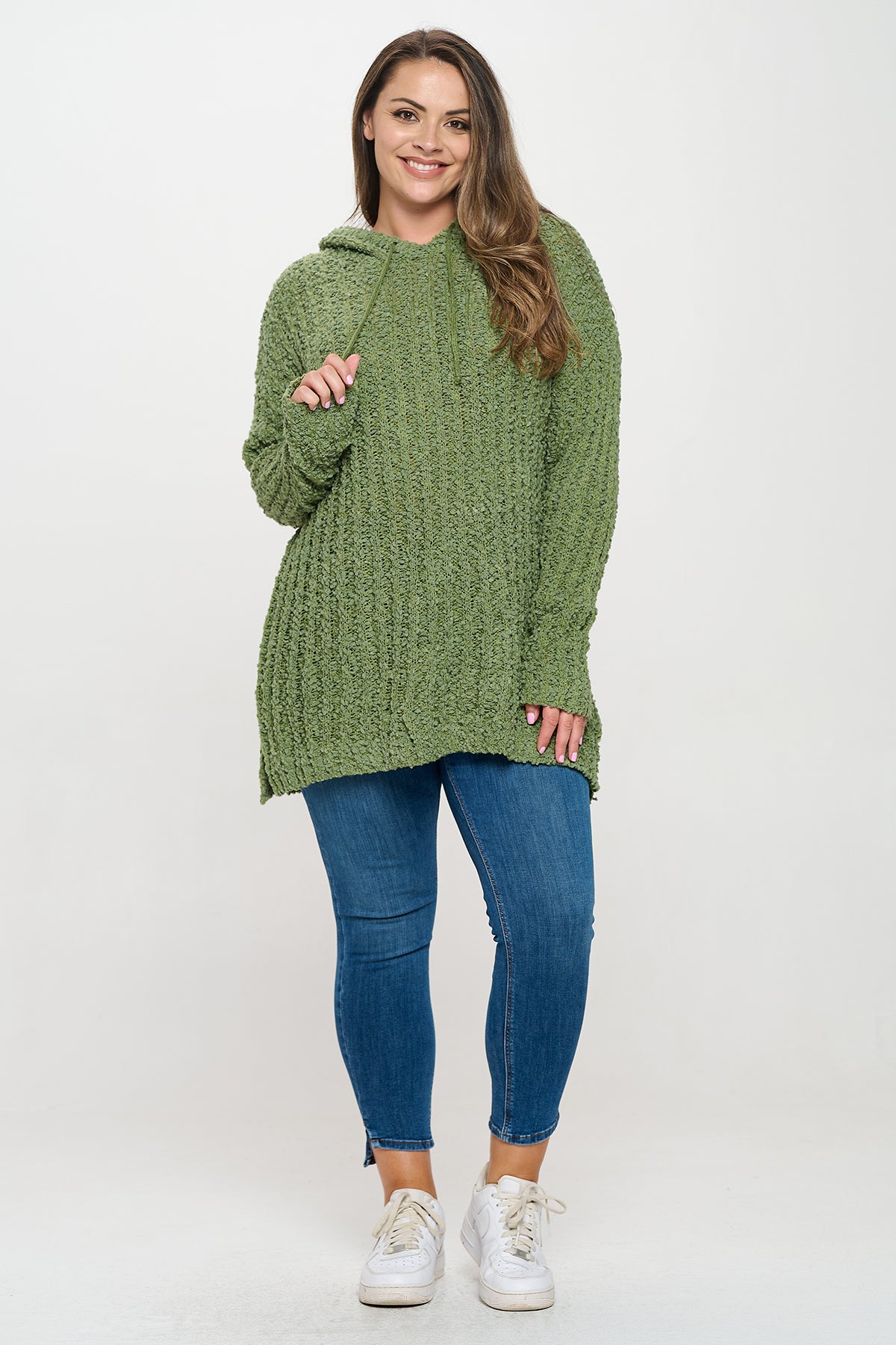 PLUS SIZE RIBBED POPCORN KNIT TUNIC HOODIE SWEATER 3-3