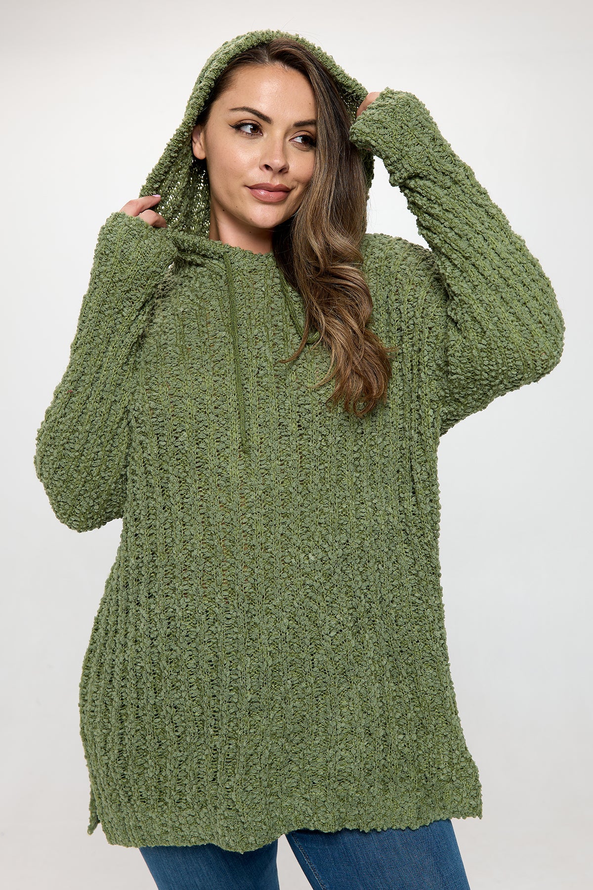 PLUS SIZE RIBBED POPCORN KNIT TUNIC HOODIE SWEATER 3-3