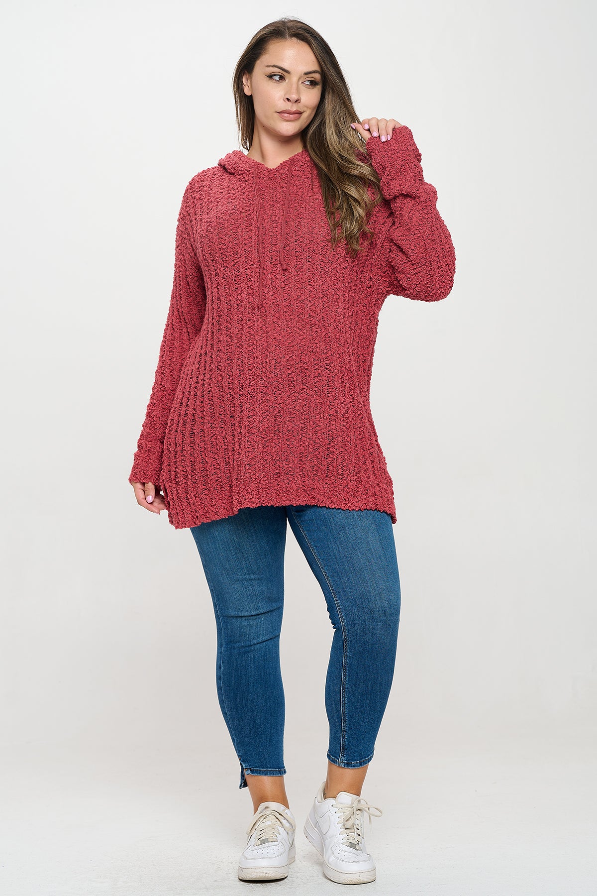 PLUS SIZE RIBBED POPCORN KNIT TUNIC HOODIE SWEATER 3-3