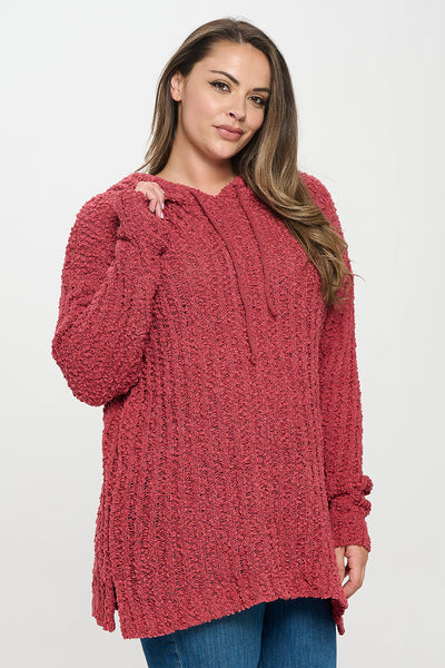 PLUS SIZE RIBBED POPCORN KNIT TUNIC HOODIE SWEATER 3-3