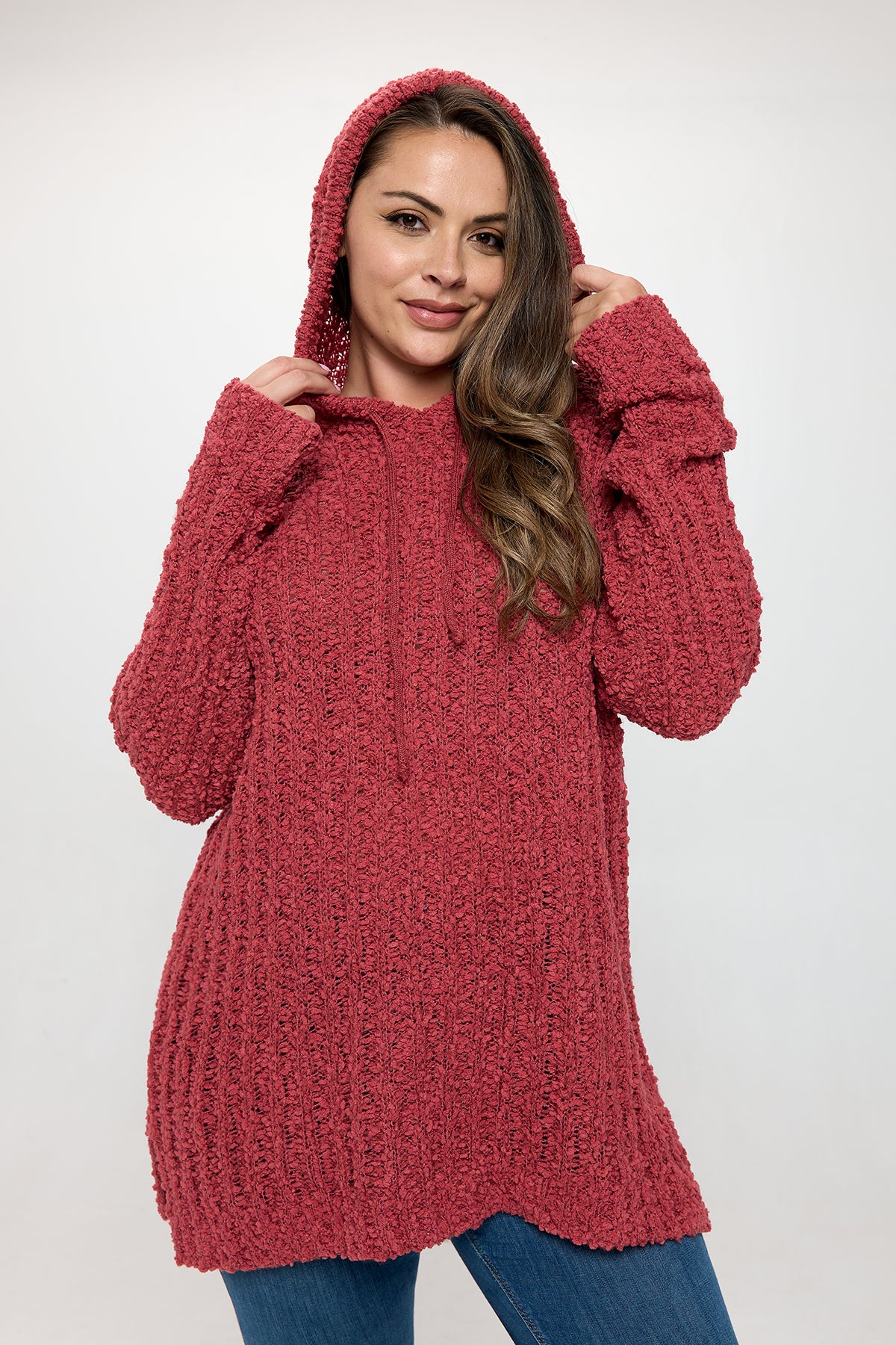 PLUS SIZE RIBBED POPCORN KNIT TUNIC HOODIE SWEATER 3-3