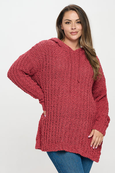 PLUS SIZE RIBBED POPCORN KNIT TUNIC HOODIE SWEATER 3-3