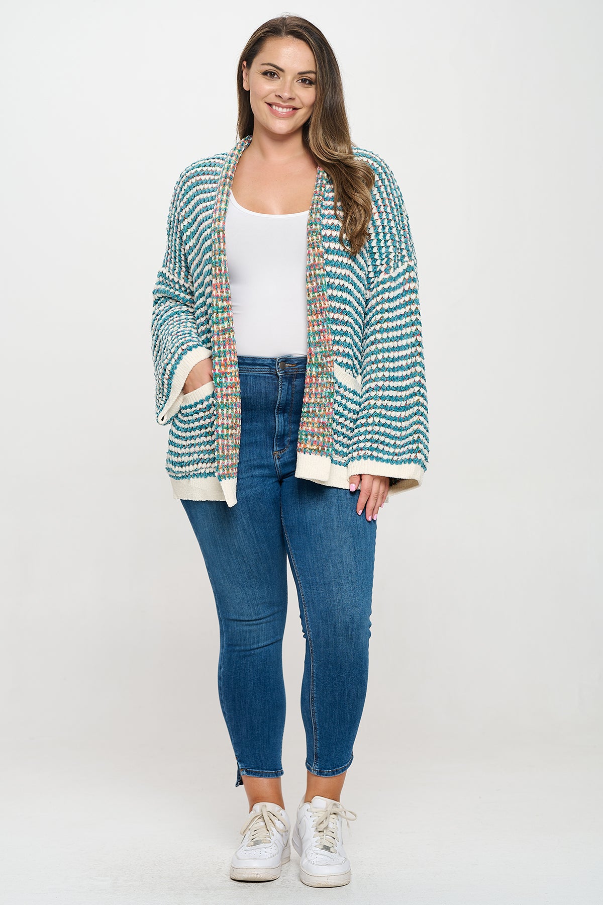 PLUS SIZE CHENILLE RAINBOW STRIPED CARDIGAN 3-3