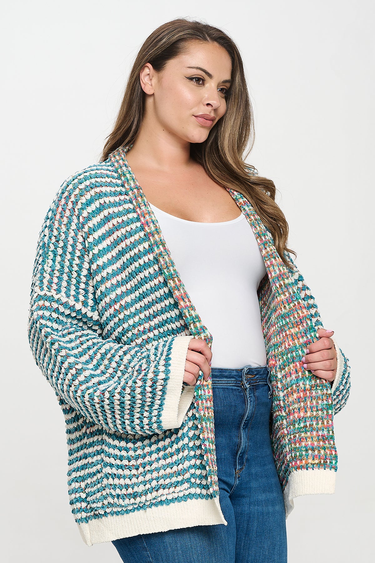 PLUS SIZE CHENILLE RAINBOW STRIPED CARDIGAN 3-3