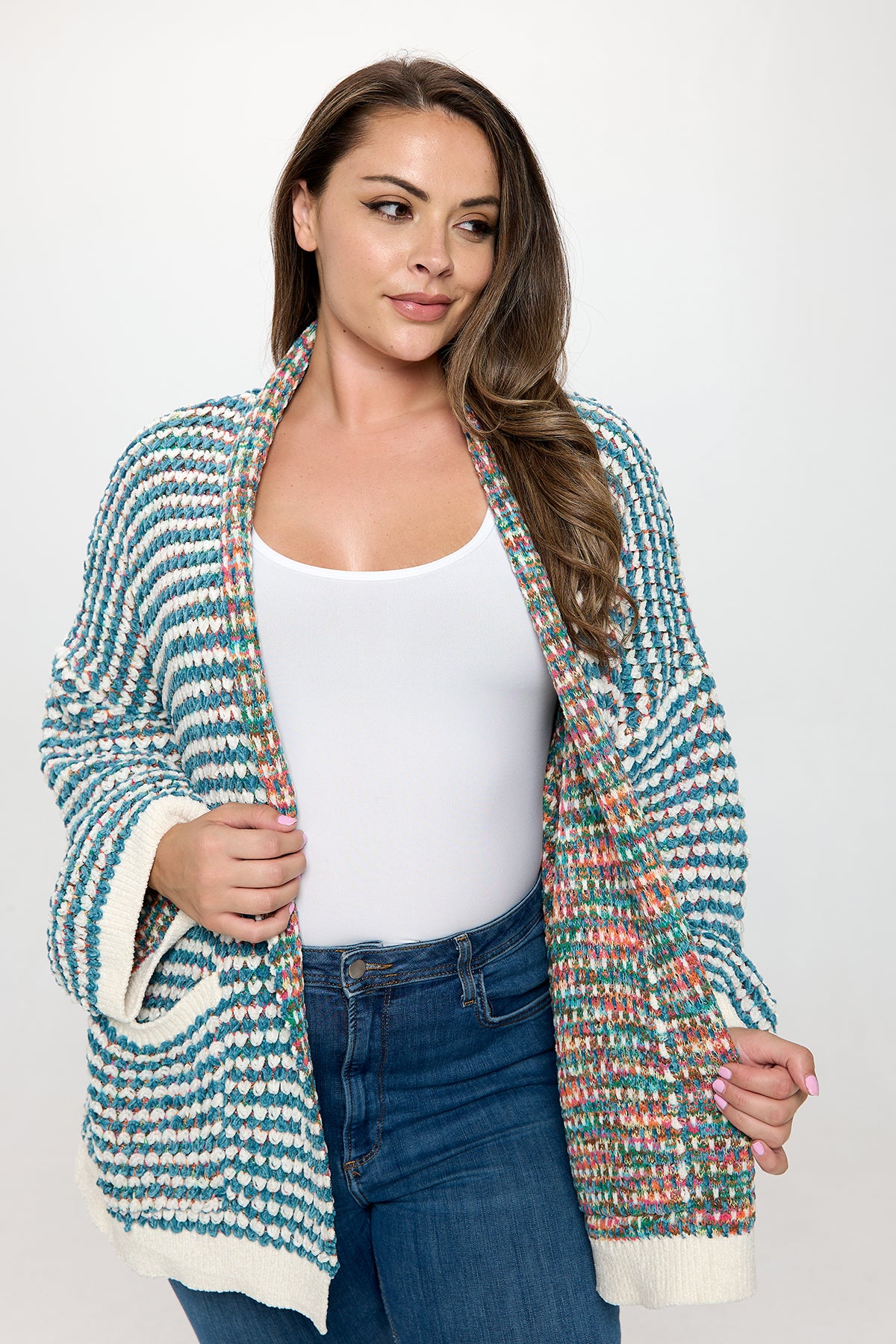 PLUS SIZE CHENILLE RAINBOW STRIPED CARDIGAN 3-3