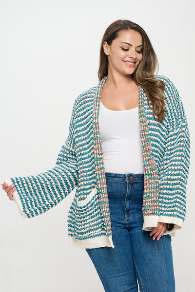 PLUS SIZE CHENILLE RAINBOW STRIPED CARDIGAN 3-3