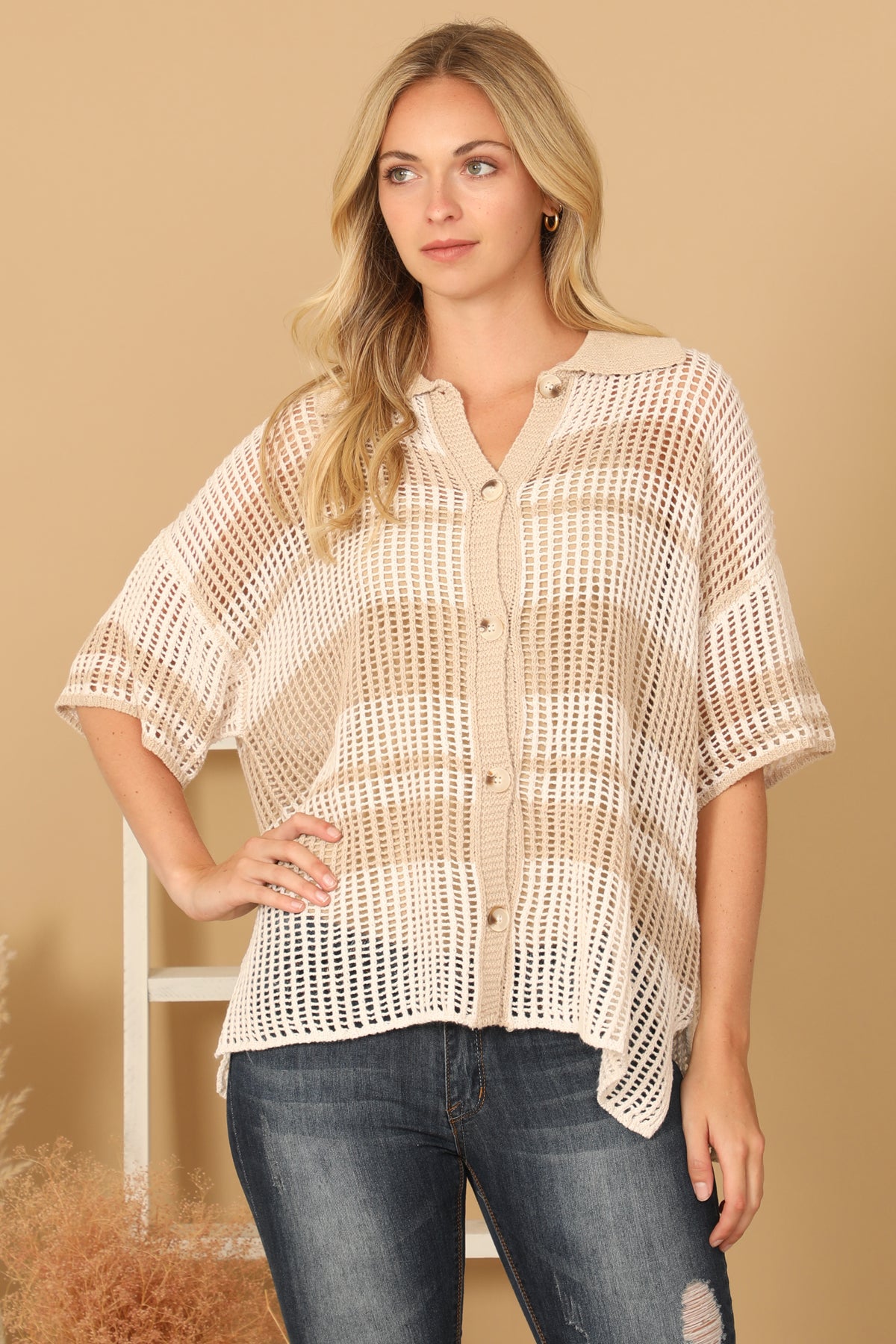 CREAM STRIPES CROCHET BUTTON DOWN CARDIGAN 2-2-2