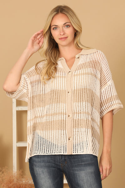 CREAM STRIPES CROCHET BUTTON DOWN CARDIGAN 2-2-2