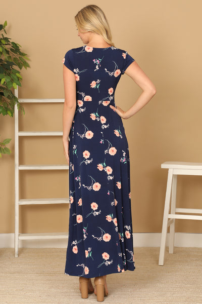 NAVY WITH FLOWERS WRAP NECK WAIST TIE DETAIL MAXI DRESS 2-2-2