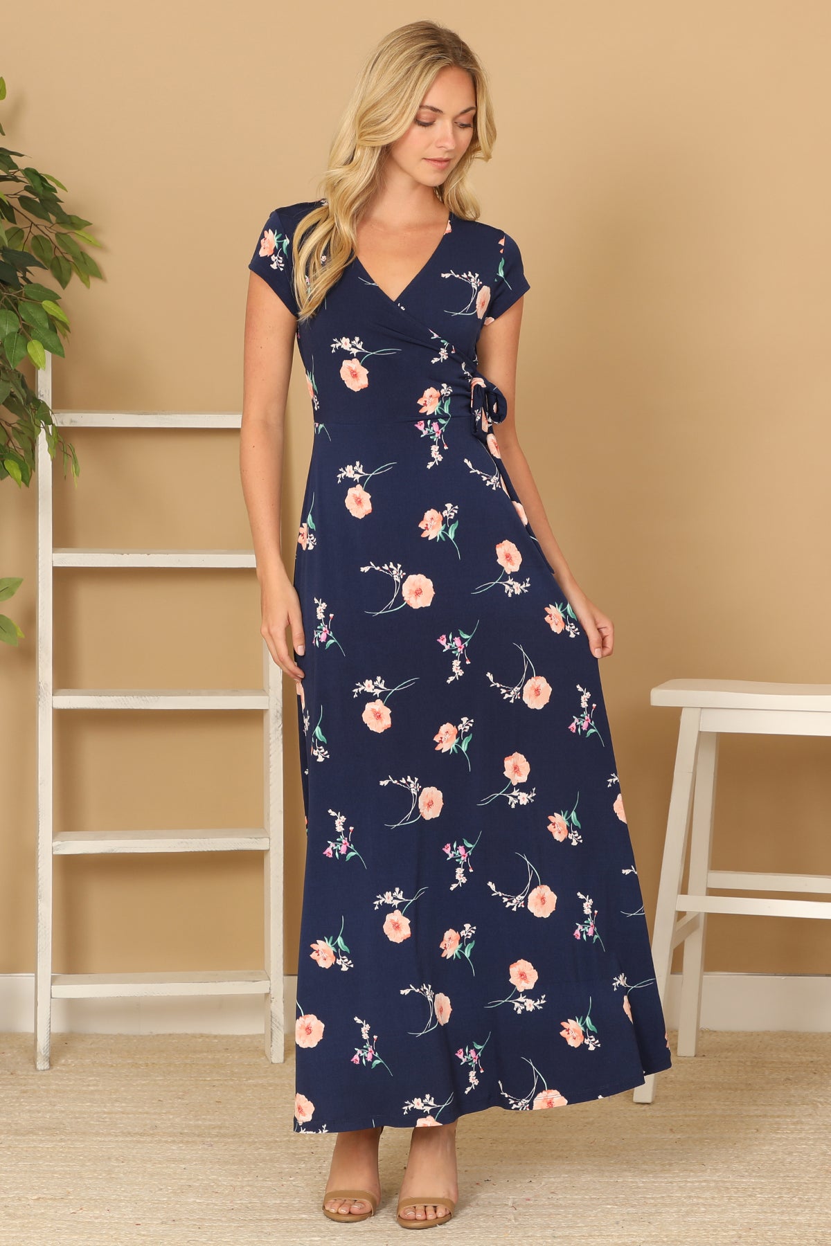 NAVY WITH FLOWERS WRAP NECK WAIST TIE DETAIL MAXI DRESS 2-2-2