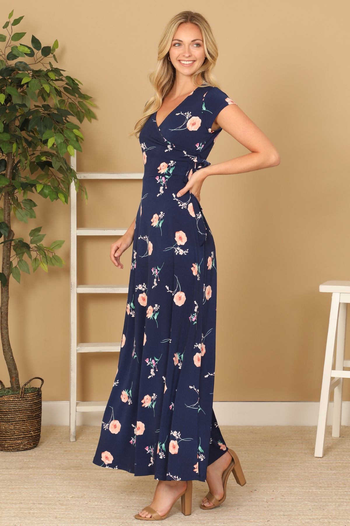 NAVY WITH FLOWERS WRAP NECK WAIST TIE DETAIL MAXI DRESS 2-2-2