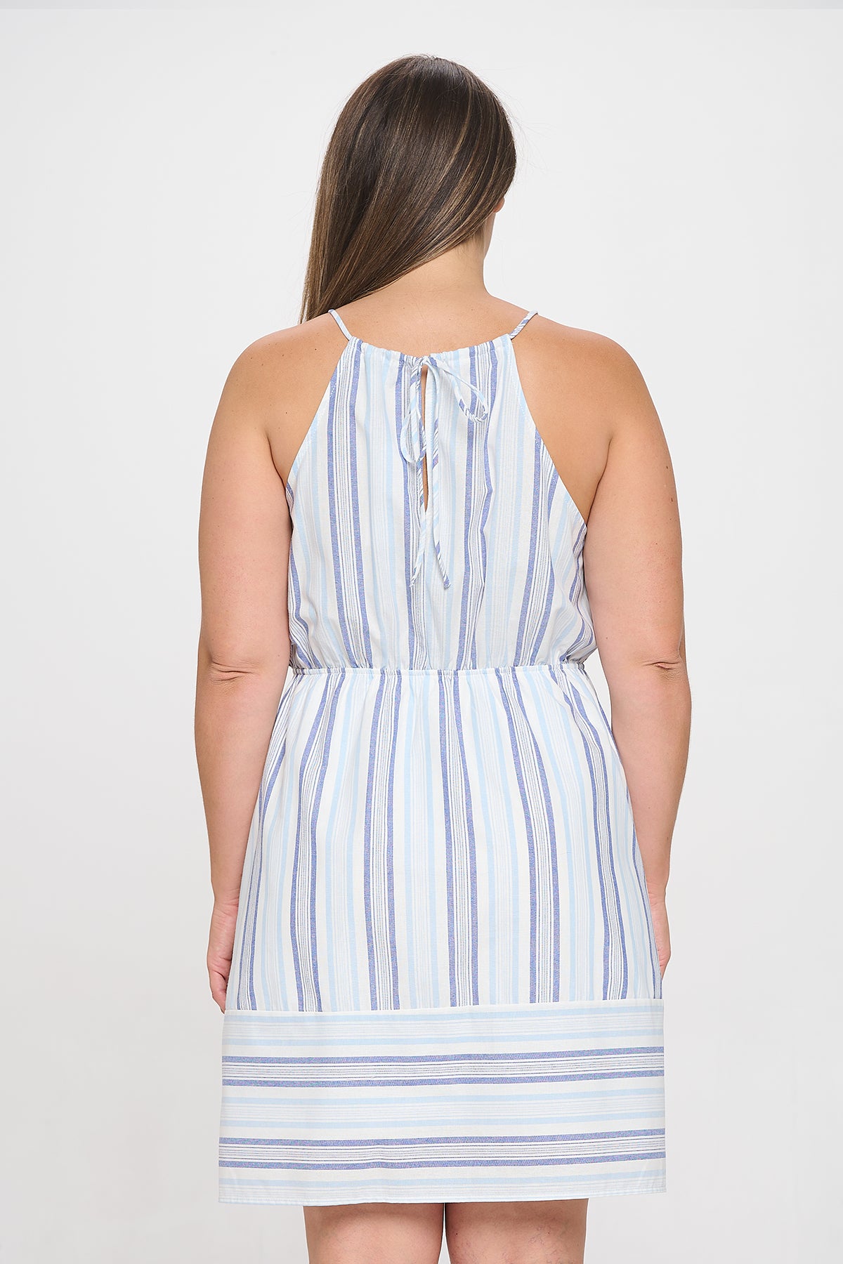 LT. BLUE PLUS SIZE SPAGHETTI STRAP CINCH WAIST STRIPES DRESS 3-2-1