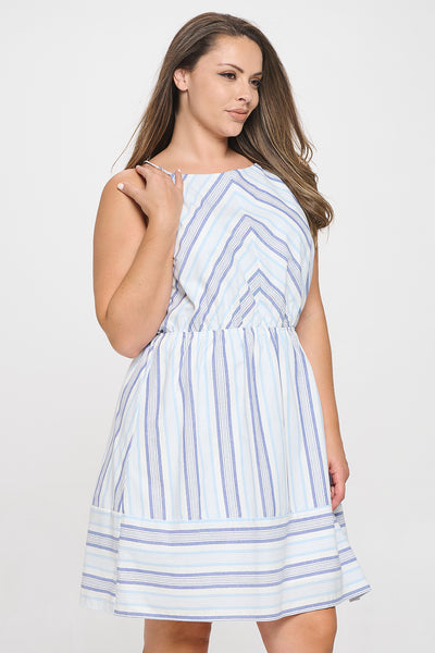 LT. BLUE PLUS SIZE SPAGHETTI STRAP CINCH WAIST STRIPES DRESS 3-2-1