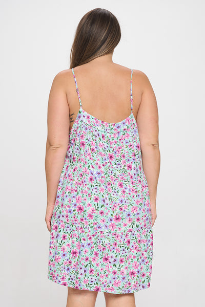 MINT FUCHSIA PLUS SIZE SPAGHETTI STRAP FLORAL DRESS 3-2-1