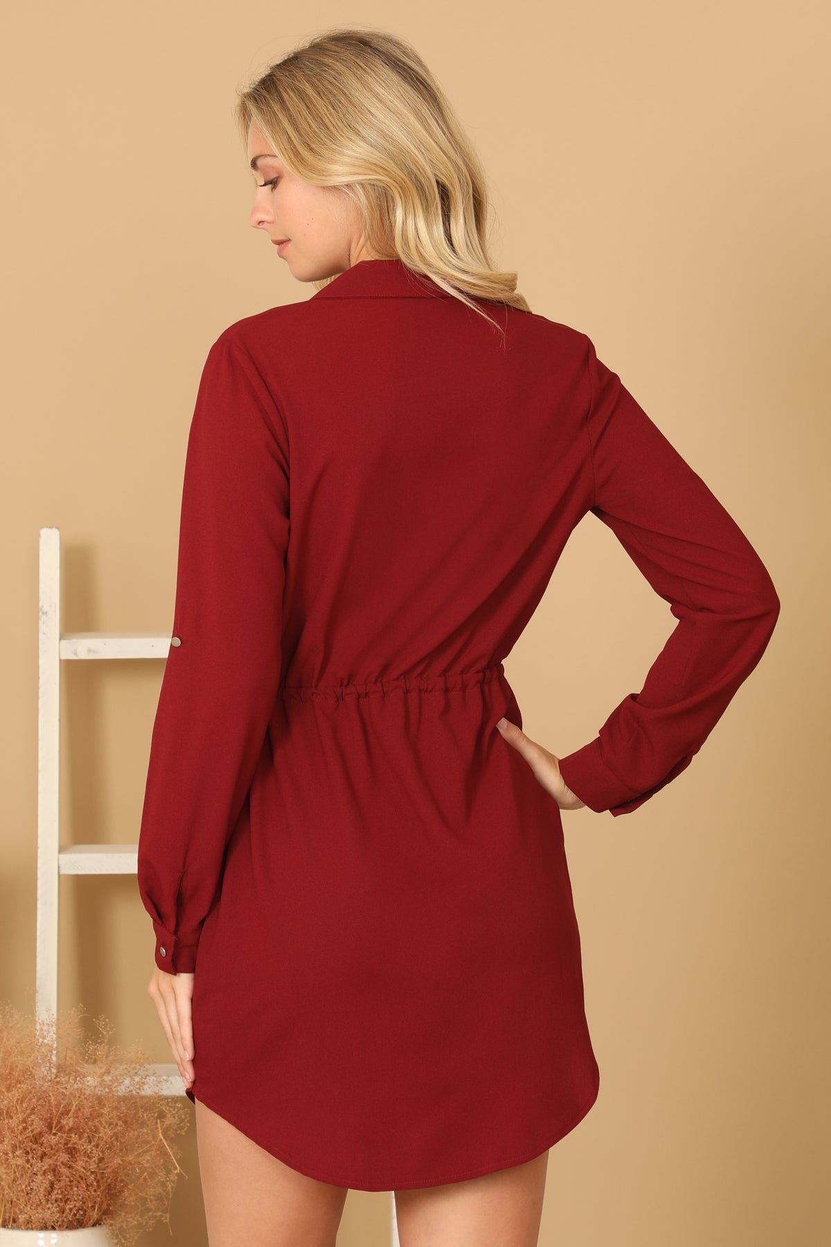 SOLID LONG SLEEVE ELASTIC WAIST WRAP MINI DRESS 2-2-2