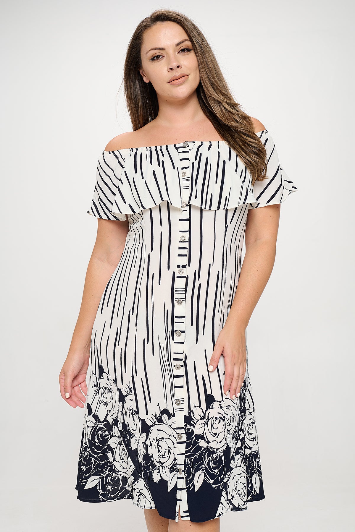 WHITE NAVY PLUS SIZE OFF SHOULDER FLORAL HEM DRESS 2-2-2